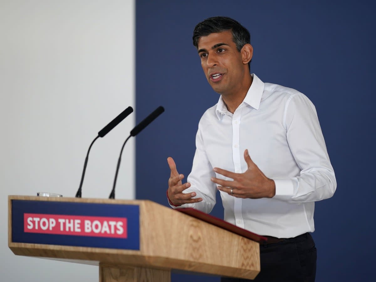 Prime Minister Rishi Sunak speaking during a press conference at Western Jet Foil in Dover, as he gives an update on the progress made in the six months since he introduced the Illegal Migration Bill under his plans to 