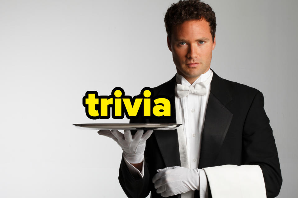 A man holding a tray with the word "trivia" above it