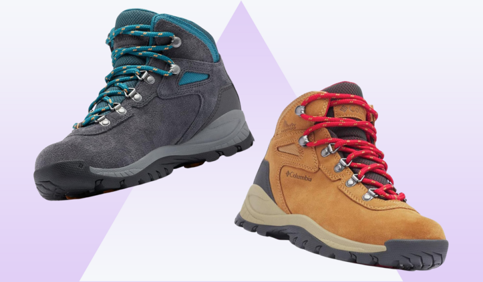 hiking boots in gray with blue laces and khaki with red laces