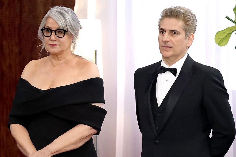 <p>Monica Schipper/WireImage</p> Lorraine Bracco and Michael Imperioli speak onstage during the 75th Primetime Emmy Awards at Peacock Theater on January 15, 2024 in Los Angeles, California.