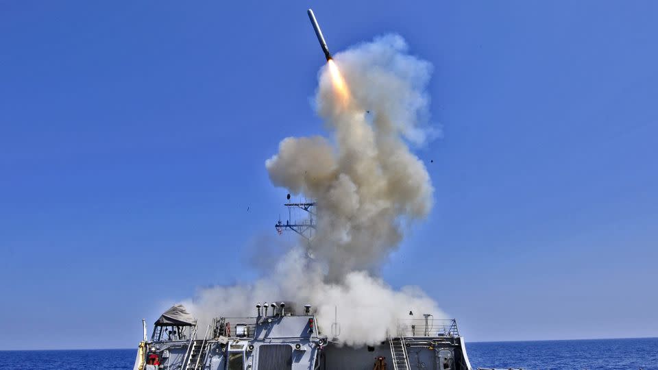 The guided-missile destroyer USS Barry launches a Tomahawk cruise missile in support of Operation Odyssey Dawn March 29, 2011. - U.S. Navy/Getty Images/File