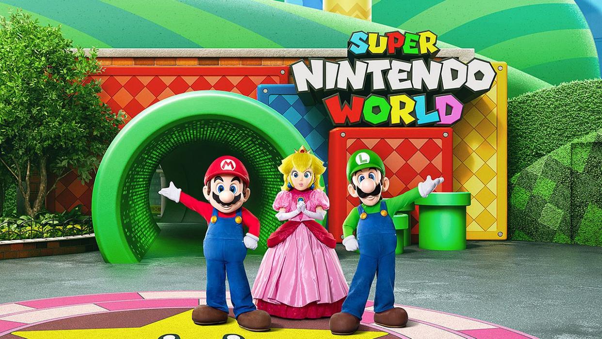  Mario, Luigi and Peach characters at Super Nintendo World entrance 