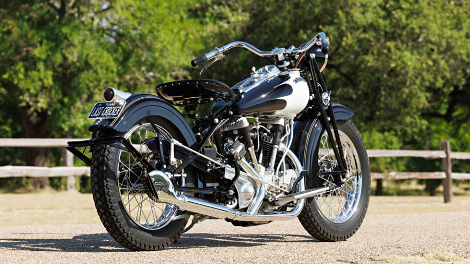 The 1942 Crocker Big-Tank Twin being presented by Gooding & Company. - Credit: Brian Henniker, courtesy of Gooding & Company.