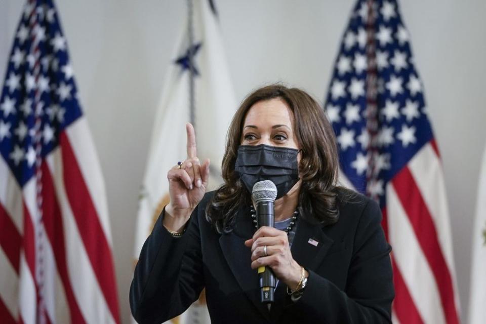 U.S. Vice President Kamala Harris delivers remarks after visiting a classroom at West Haven Child Development Center on March 26, 2021 in West Haven, Connecticut. (Photo by Drew Angerer/Getty Images)