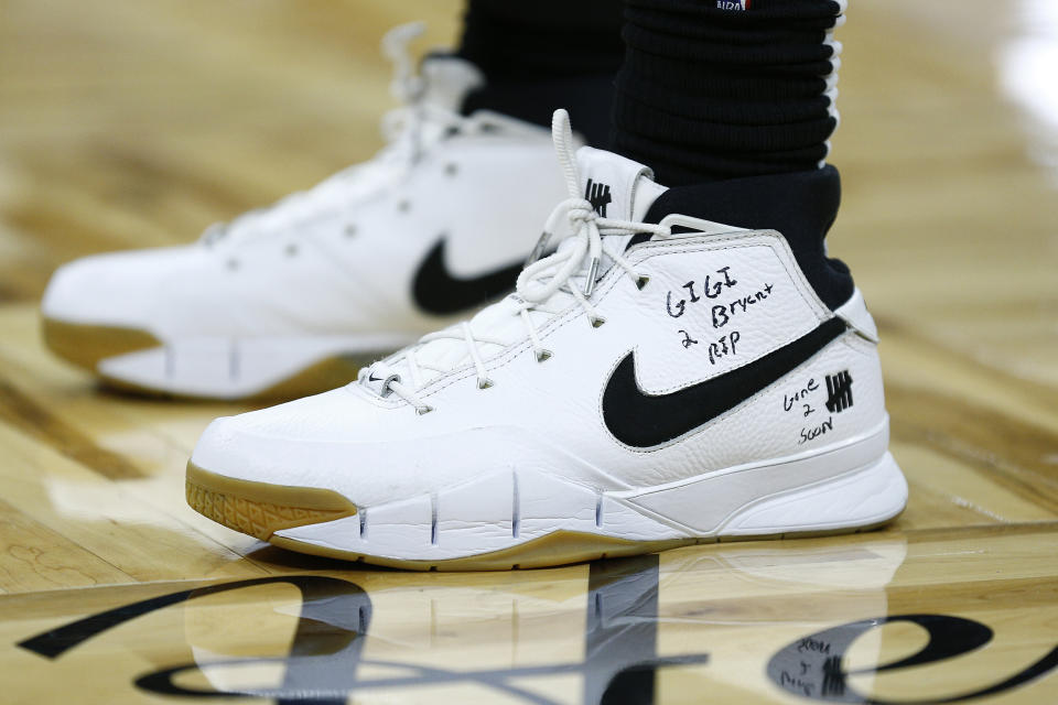 Montrezl Harrell of the Los Angeles Clippers wears sneakers dedicated to Kobe Bryant during a game against the Orlando Magic on Jan. 26.&nbsp;