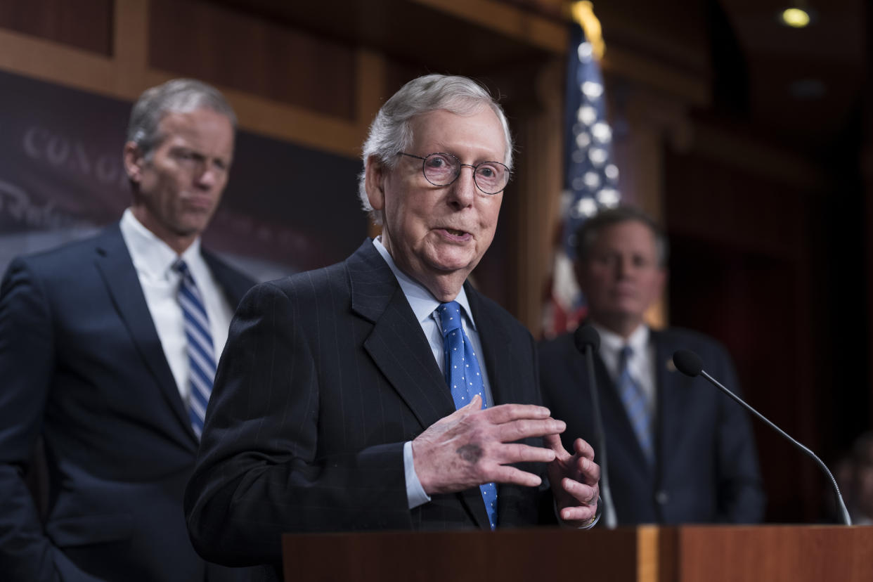 FILE - Senate Minority Leader Mitch McConnell, R-Ky., joined at left by Sen. John Thune, R-S.D., meets with reporters at the Capitol in Washington, Nov. 16, 2022. Republicans are engaged in a round of finger-pointing as both parties sift through the results of Democrats&#x002019; stronger-than-expected showing in the midterm elections. (AP Photo/J. Scott Applewhite, File)