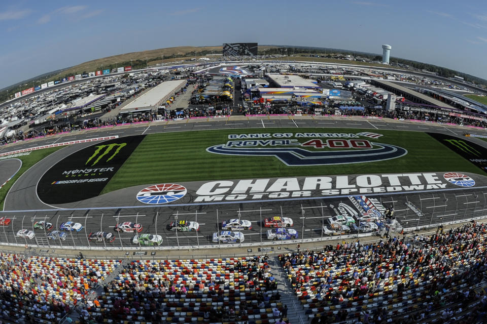 FILE - In this Sept. 28, 2019, file photo Chase Briscoe (98) leads the field of cars to start the NASCAR Xfinity Series auto race at Charlotte Motor Speedway in Concord, N.C. General Motors is planning to open a new technical center for performance and auto racing near the Charlotte Motor Speedway. The center will focus on transferring auto racing knowledge into engineering for vehicles that are sold to the public. (AP Photo/Mike McCarn, File)