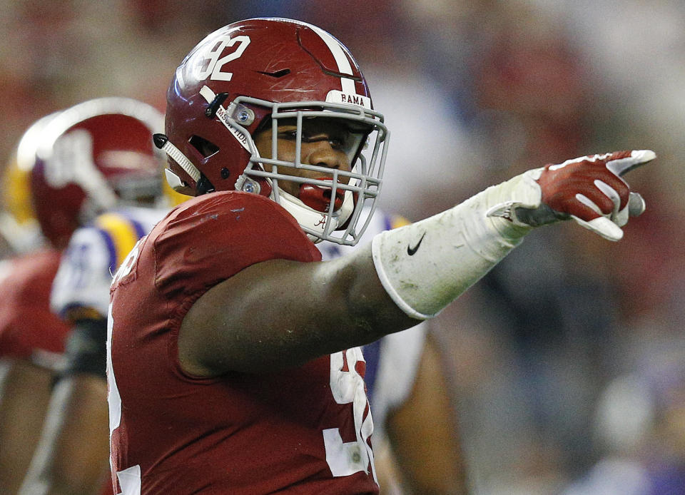 FILE - In this Nov. 4, 2017 file photo, Alabama defensive lineman Quinnen Williams celebrates after sacking LSU quarterback Myles Brennan during the second half of an NCAA college football game, in Tuscaloosa, Ala. Williams has been hot all season, really, but he was a monster in Alabama’s biggest game of the season so far against LSU. He had 10 tackles, seven solo stops, and 2½ sacks against the Tigers. (AP Photo/Brynn Anderson, File)