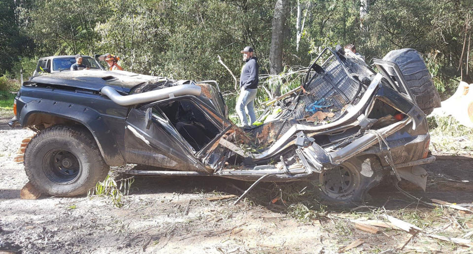 Three men were left with serious injuries after a gum tree fell through their campsite on a buck’s weekend trip to Big River, northeast of Melbourne last Saturday. Source: Facebook/ Chris Weir