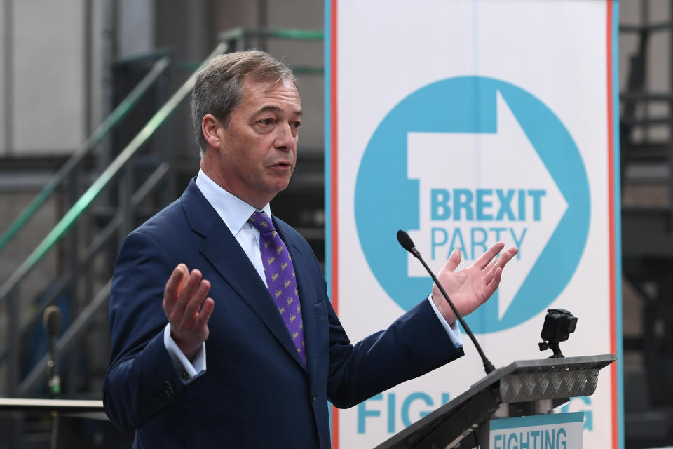 Nigel Farage launches the Brexit Party's European Parliament elections campaign in Coventry. (Photo by Joe Giddens/PA Images via Getty Images)