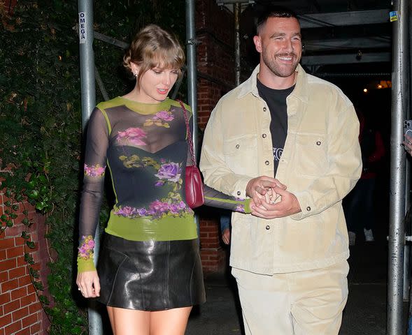 <p>Gotham/GC Images</p> Taylor Swift and Travis Kelce have dinner at Waverly Inn in New York City on Oct. 15, 2023.