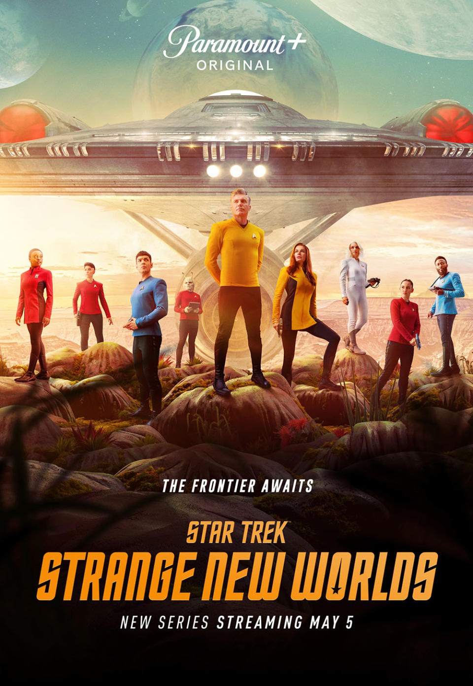 From left: Celia Rose Gooding as Uhura, Melissa Navia as Ortegas, Ethan Peck as Spock, Bruce Horak as Hemmer, Anson Mount as Pike, Rebecca Romijn as Una, Jess Bush as Chapel, Christina Chong as La’an and Baby Olusanmokun as M’Benga in the official key art of the Paramount+ original series Star Trek: Strange New Worlds. - Credit: Courtesy of James Dimmock/Paramount+