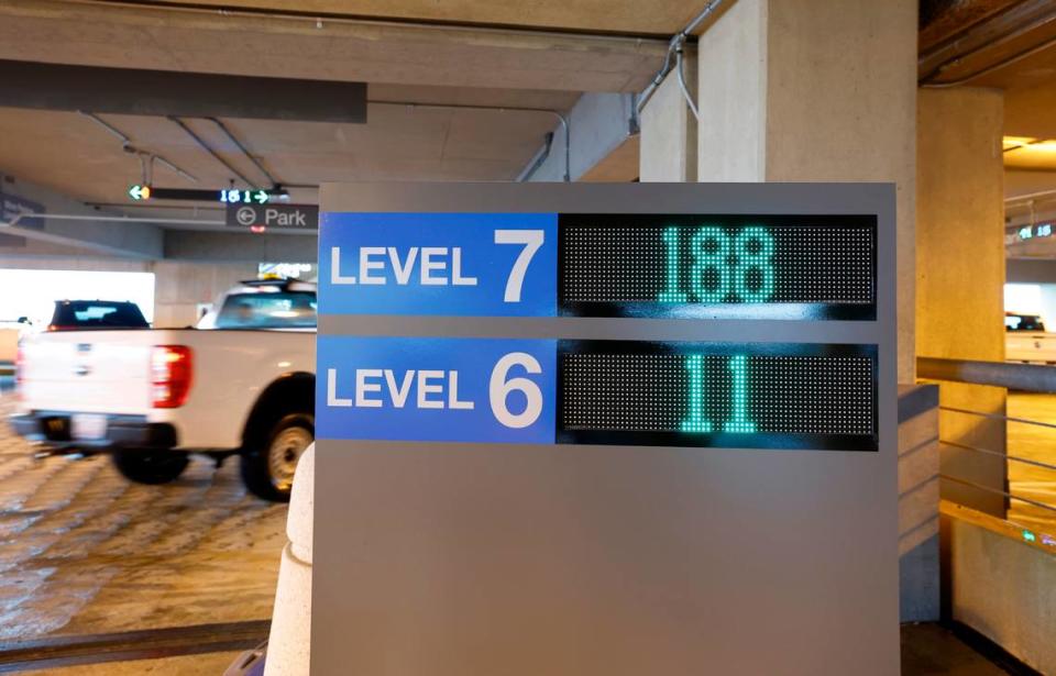 A message board on Level 6 of the parking deck at Raleigh-Durham International Airport shows how many spaces are available on that level and also on Level 7. Photographed Friday, May 17, 2024.