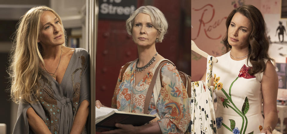 This combination of photos released by HBO Max shows, from left, Sarah Jessica Parker, Cynthia Nixon and Kristin Davis in scenes from "And Just Like That." (Craig Blankenhorn/HBO Max via AP)