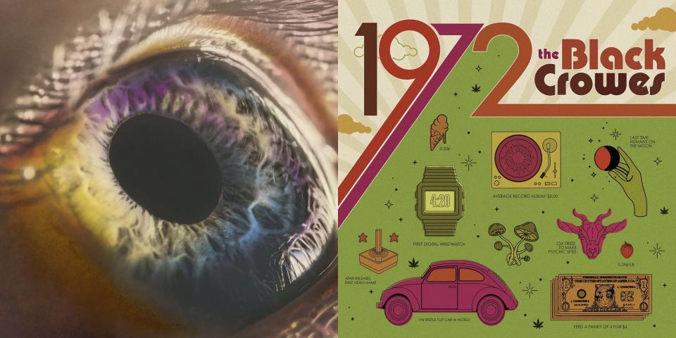 En esta combinación de fotografías el álbum del sexto álbum de Arcade Fire, "WE", izquierda y el del álbum de 50 aniversario de "1972" de The Black Crowes. (Columbia Records/Amazon Music via AP)