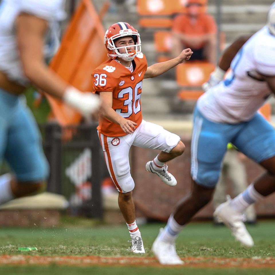 Clemson kicker Quinn Castner(36) looks up after the opening kickoff during the first quarter of the game with The Citadel Saturday, Sept. 19, 2020 at Memorial Stadium in Clemson, S.C.