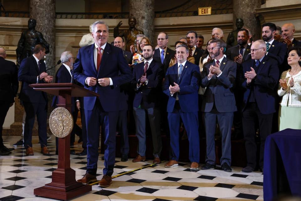 U.S. Speaker of the House Kevin McCarthy, R-Calif., speaks at a bill signing ceremony for H.J. Res. 26 at the U.S. Capitol Building on March 10, 2023 in Washington, DC.