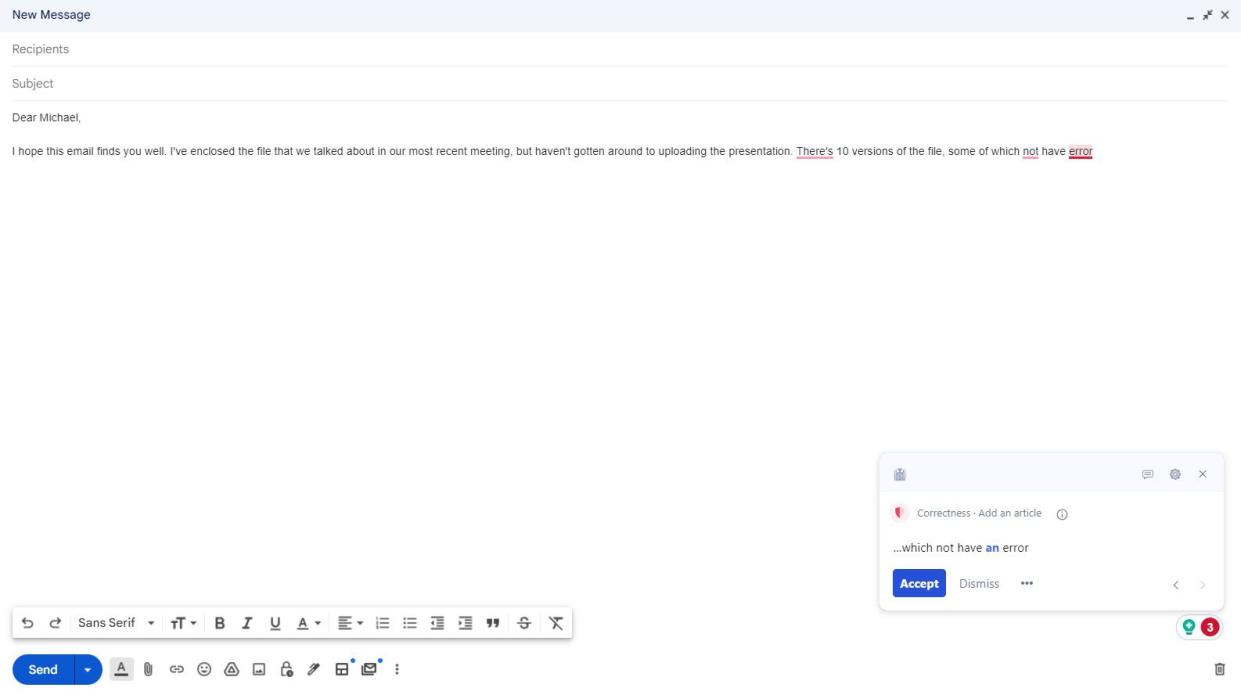 Screenshot of Grammarly Chrome extension correcting email