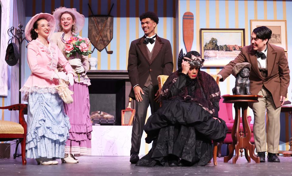 From left, Emilia Cabellon as Kitty, Emma Monson as Amy, Steven Nascimento as Jack, Babbs/Charley's Aunt Angel Rivas, and Haziel Suchite as Charley, during Brockton High School Drama Club's dress rehearsal of "Charley's" Aunt on Thursday, Feb. 29, 2024. The Brockton players will compete in the Massachusetts Educational Theater Guild festival this coming Saturday at Bourne High School.