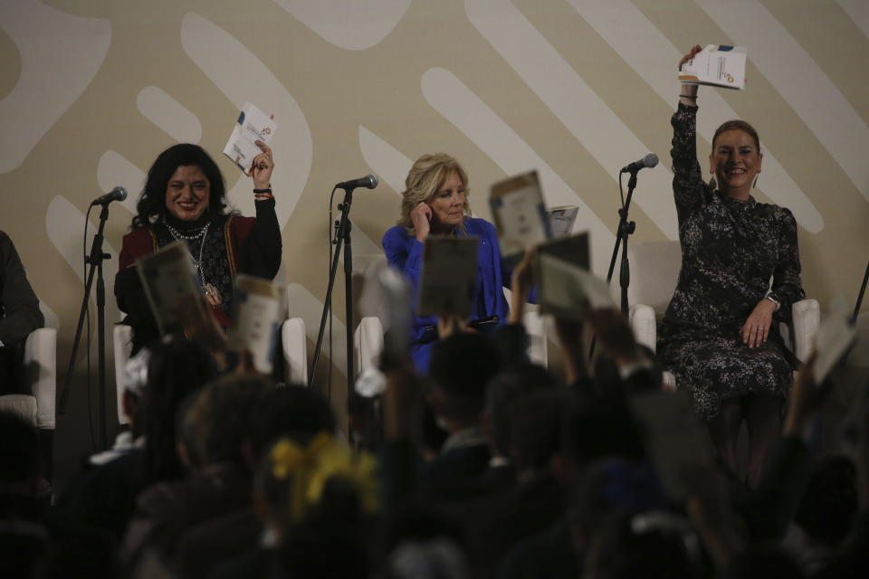 U.S. First Lady Jill Biden, center, joins Mexico´s First Lady Dr. Beatriz Gutierrez Müller, right, and Mexico's Secretary of Culture Alejandra Frausto, left, for an event coined "Fandango for Reading" at the National Palace in Mexico City, Monday, Jan. 9, 2023. (AP Photo/Ginnette Riquelme)