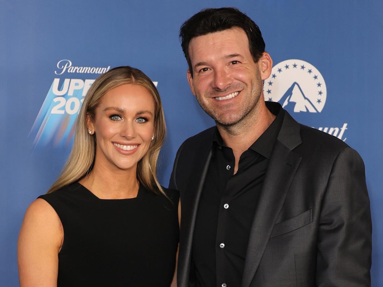 Candice Crawford and Tony Romo attend the 2022 Paramount Upfront at 666 Madison Avenue on May 18, 2022 in New York City