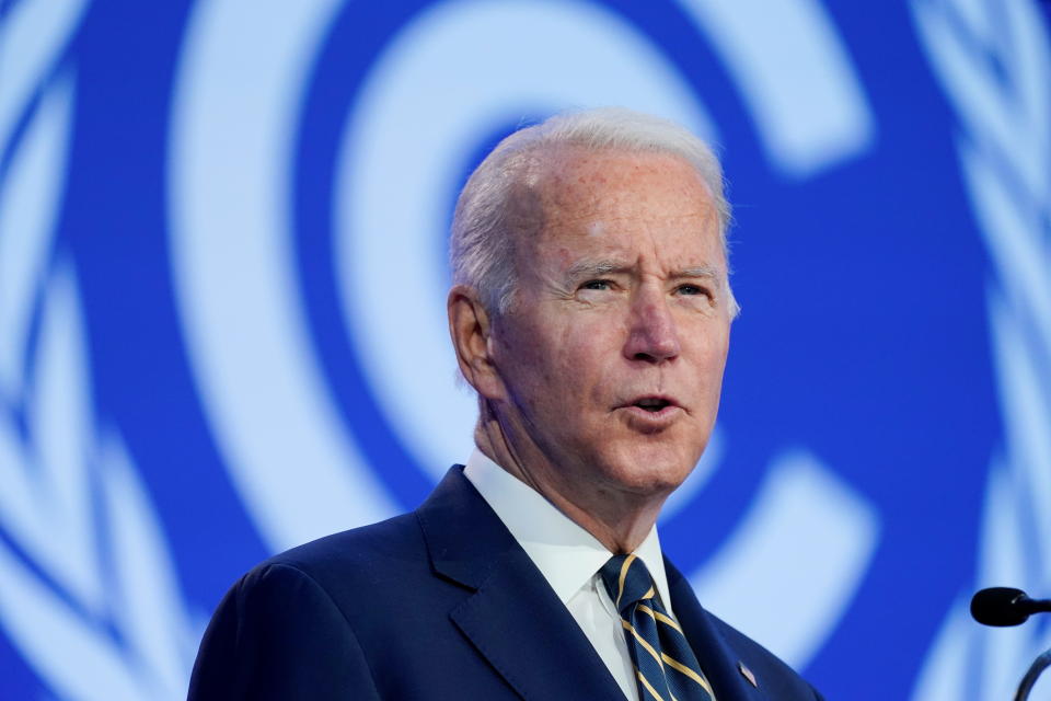 U.S. President Joe Biden speaks during the UN Climate Change Conference (COP26) in Glasgow, Scotland, Britain November 1, 2021. Evan Vucci/ Pool via REUTERS