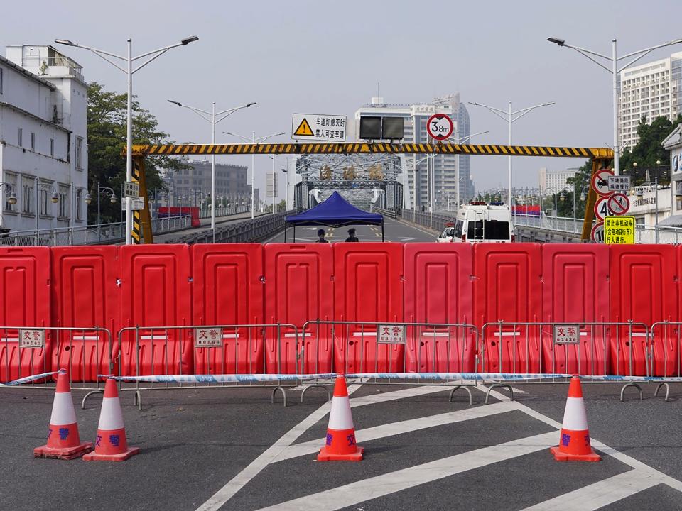 Orange barriers in the Haizhu district in Guangzhou in southern China's Guangdong province.