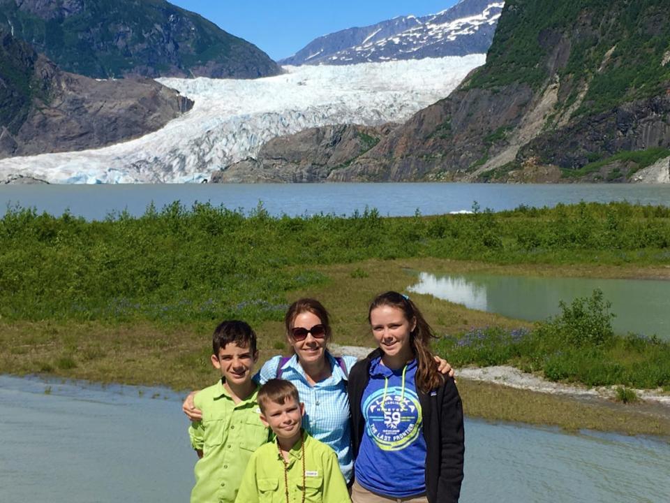 Catherine and kids at Mendenhall Glacier in Juneau, Alaska