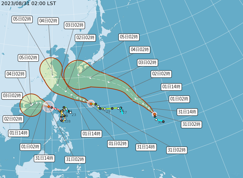 強烈颱風「蘇拉」（左起）今天暴風半徑已經離開台灣，但外圍環流影響持續；另外2個輕度颱風「海葵」與「鴻雁」則朝台灣方向前進，不容小覷。   圖：中央氣象局／提供