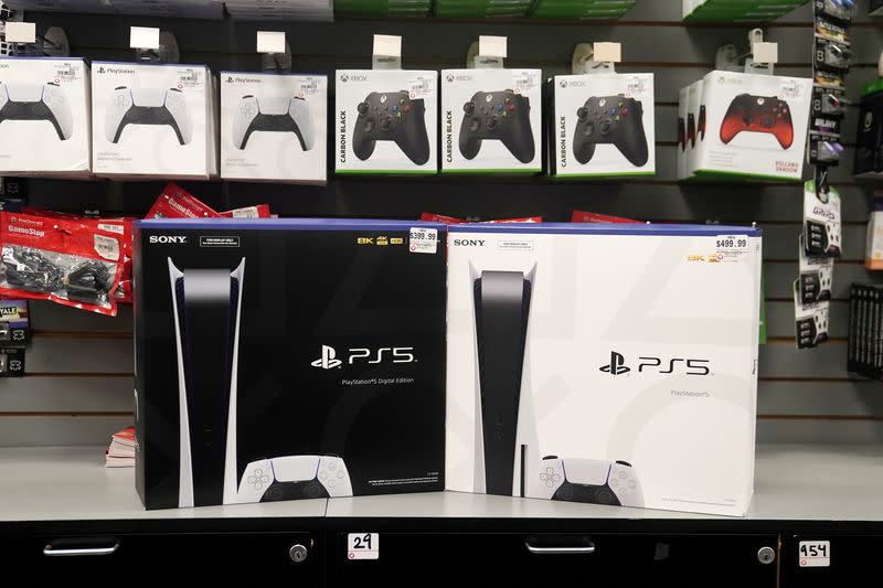 Inside a GameStop store Sony PS5 gaming consoles are pictured