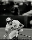 August 22, 1989: Pat Borders stepped up to the plate in the second inning in search of a base hit, but the trip to the plate turned out to be a real pain. The Blue Jay batsman fouled one off his foot and it took a while to walk it off on the SkyDome turf. (Photo by Jeff Goode/Toronto Star via Getty Images)