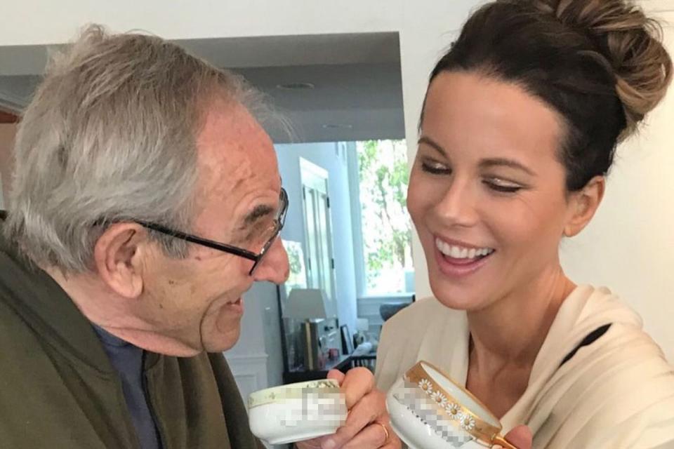 <p>Kate Beckinsale/Instagram</p> Kate Beckinsale with her late stepfather Roy Battersby