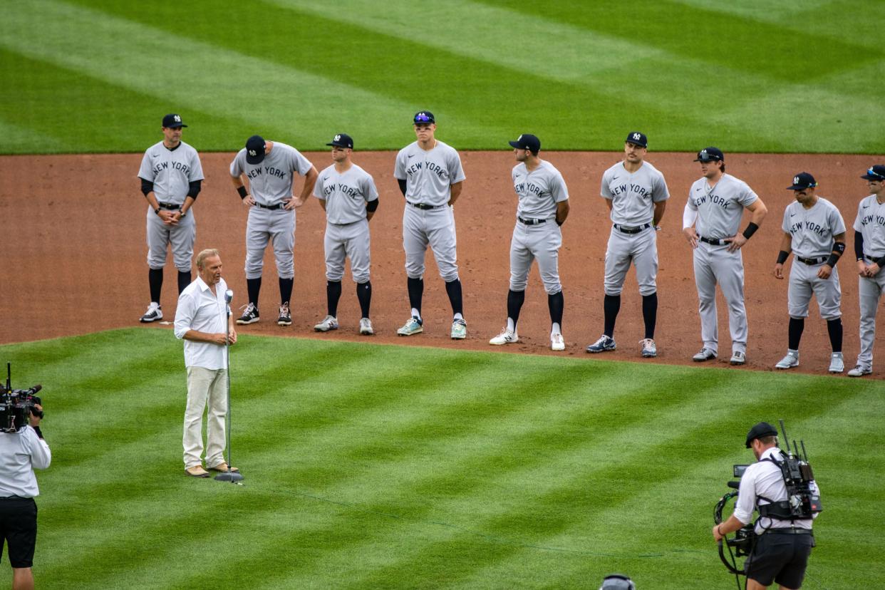 Actor Kevin Costner speaks before a game between the New York Yankees and the Chicago White Sox near the Field of Dreams movie site outside of Dyersville, Thursday, Aug. 12, 2021.