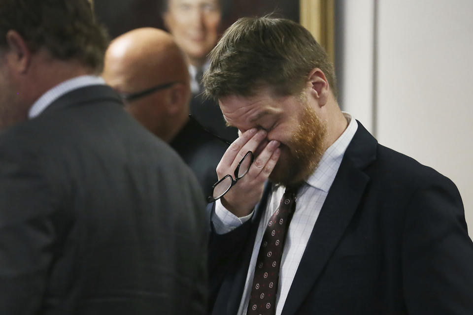 Mark Bankston, lawyer for Neil Heslin and Scarlett Lewis, reacts while jurors take a break during closing arguments Friday, Aug. 5, 2022, at the Travis County Courthouse in Austin, Texas. Jurors were asked to assess punitive damages against InfoWars host Alex Jones after awarding $4.1 million in actual damages to the parents of Jesse Lewis on Thursday. (Briana Sanchez/Austin American-Statesman via AP, Pool)