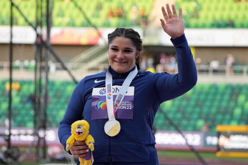 July 16: Chase Ealey (USA) poses with her gold medal after winning the women's shot put.