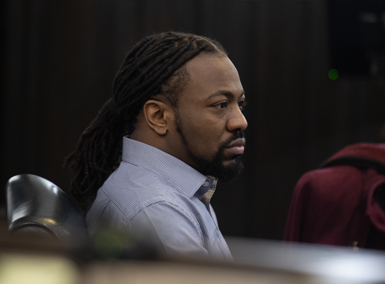 Dacarrei Kinard, 31, of Columbus at the defense table in the Summit County Court of Common Pleas Friday. Kinard is accused of shooting and killing George Jensen, 40 of Akron, on May 17, 2023, in a road rage incident along I-76 in Norton.