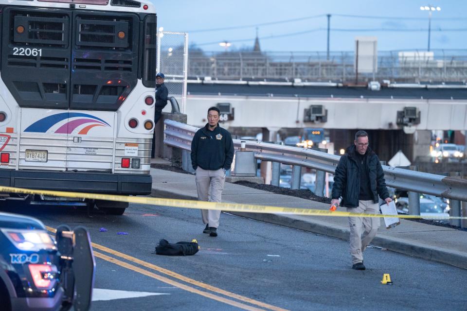 Police investigate a possible fatal accident between an NJ Transit bus and a pedestrian near the corner of Lemoine Ave and Bruce Reynolds Blvd in Ft Lee, NJ on Wednesday Jan. 10, 2024.