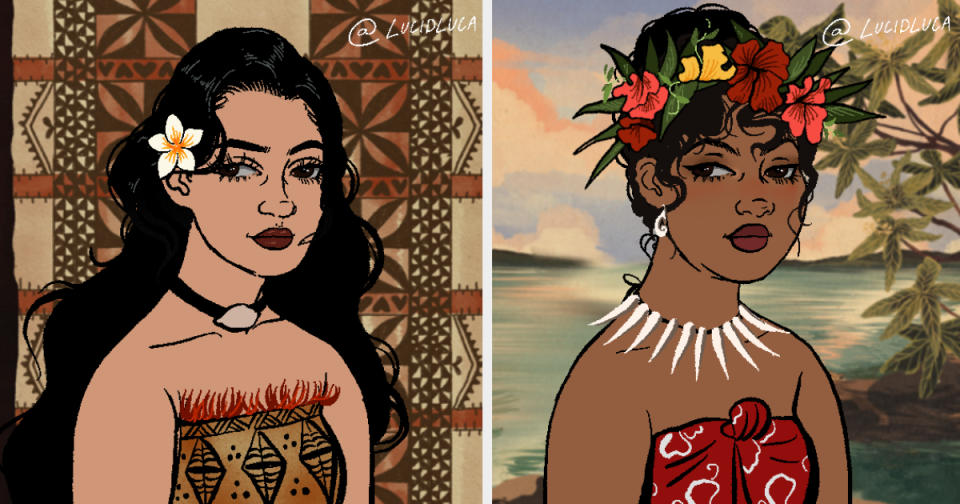 Illustration of two women in traditional Pacific Islander attire with floral hair adornments