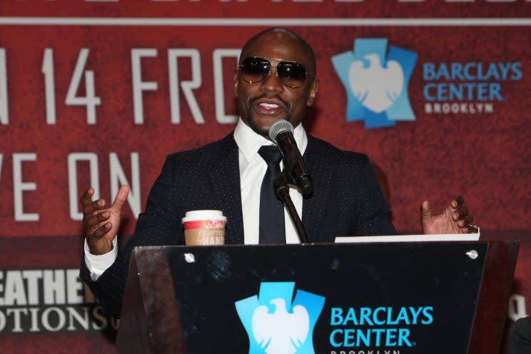 Floyd Mayweather, president of Mayweather Promotions, speaks at a news conference in Brooklyn on Wednesday. Later in the day, Mayweather met with President-elect Donald Trump. (Tom Casino/Mayweather Promotions)