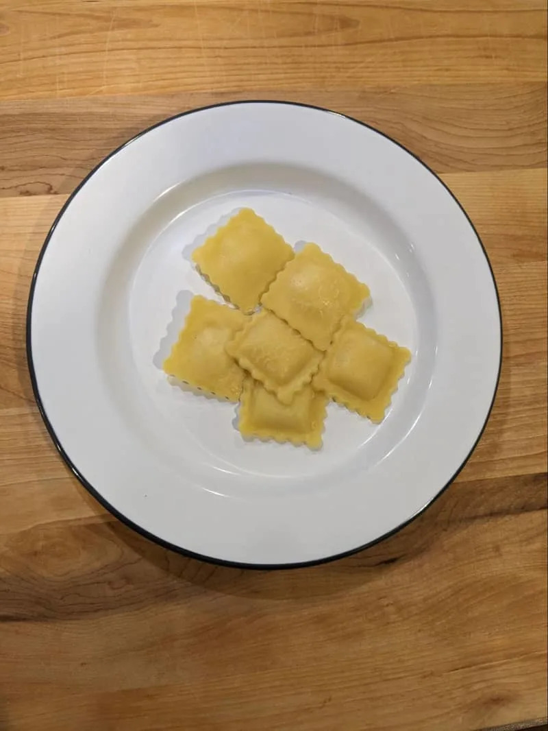 Plated cooked ravioli.