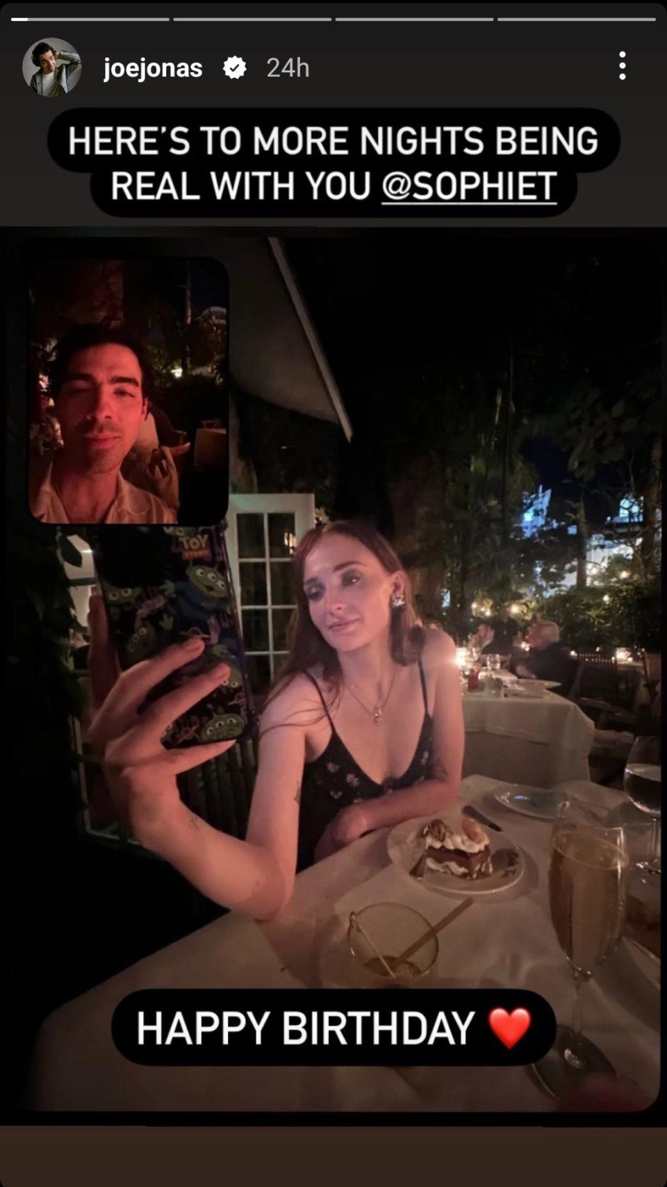 Joe Jonas and Sophie Turner in a photo shared on his Instagram story in February 2023.