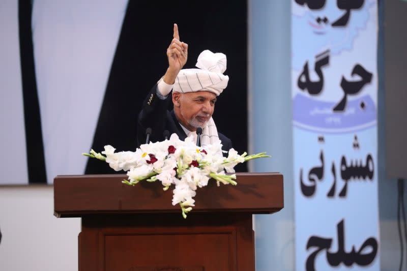 Afghanistan's President Ashraf Ghani speaks during a consultative grand assembly, known as Loya Jirga, in Kabul