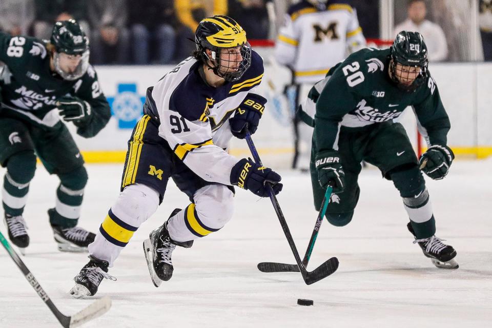 Michigan center Frank Nazar III skates against Michigan State during the third period at Yost Ice Arena in Ann Arbor on Friday, Feb. 9, 2024.