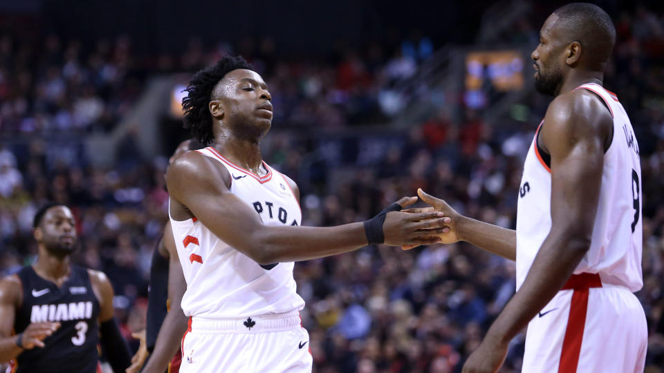 Toronto Raptors teammates OG Anunoby and Serge Ibaka got into a friendly debate about their fashion choices.  (Vaughn Ridley/Getty Images)