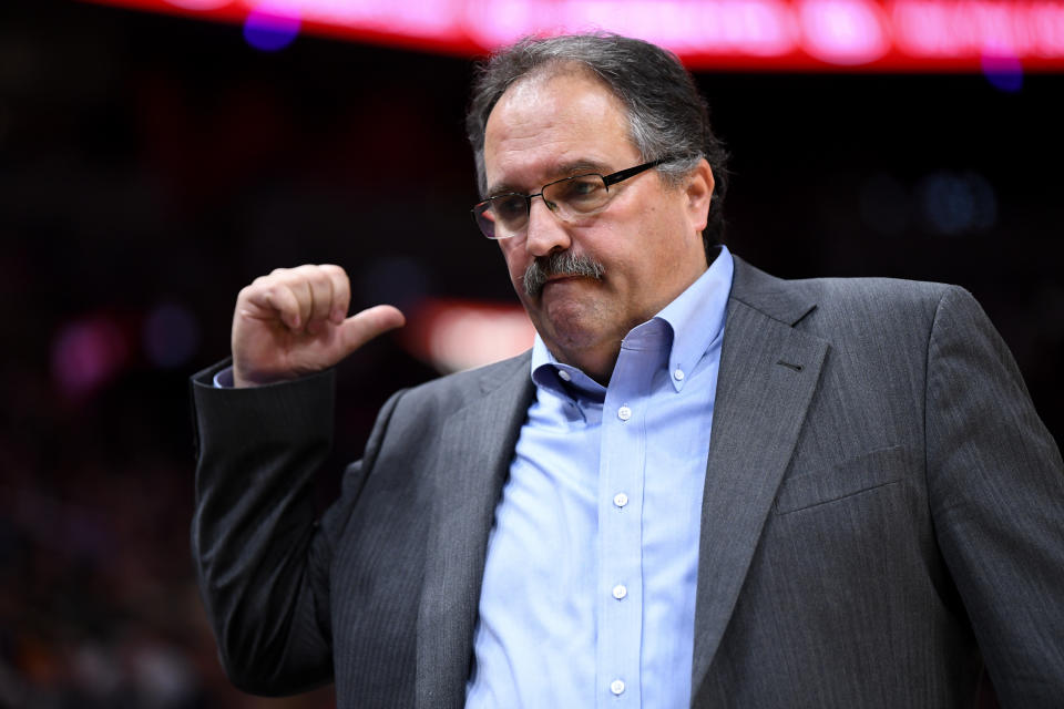 Former Detroit Pistons coach Stan Van Gundy gestures during a game on Jan. 3, 2018. Van Gundy now coaches the New Orleans Pelicans as the NBA attempts to start its season. (Rob Foldy/Getty Images)