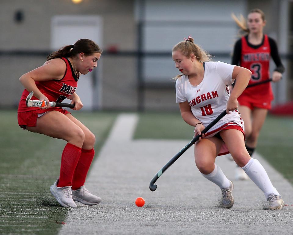 Hingham's Haylen Wilson makes a move to elude Milton’s Alexander Drane during first quarter action of their game against Milton in the Sweet 16 round of the Division 2 state tournament at Hingham High on Tuesday, Nov. 7, 2023. Hingham would go on to win 4-0.