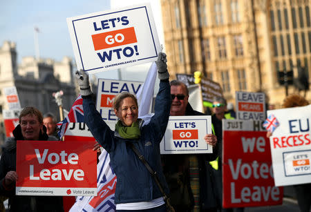 Pro-Brexit demonstrators protest outside the Houses of Parliament, in Westminster, London, Britain, February 13, 2019. REUTERS/Hannah McKay