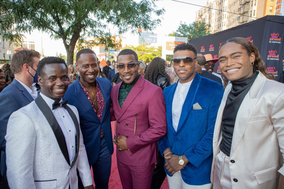 James T. Lane, left, Marcus Paul James, Elijah Ahmad Lewis, Harrell Holmes and Jalen Harris are the lead cast for "Ain't Too Proud," the Temptations stage musical and attend the premiere at the Detroit Opera House in Detroit on Wednesday, Aug. 10, 2022.