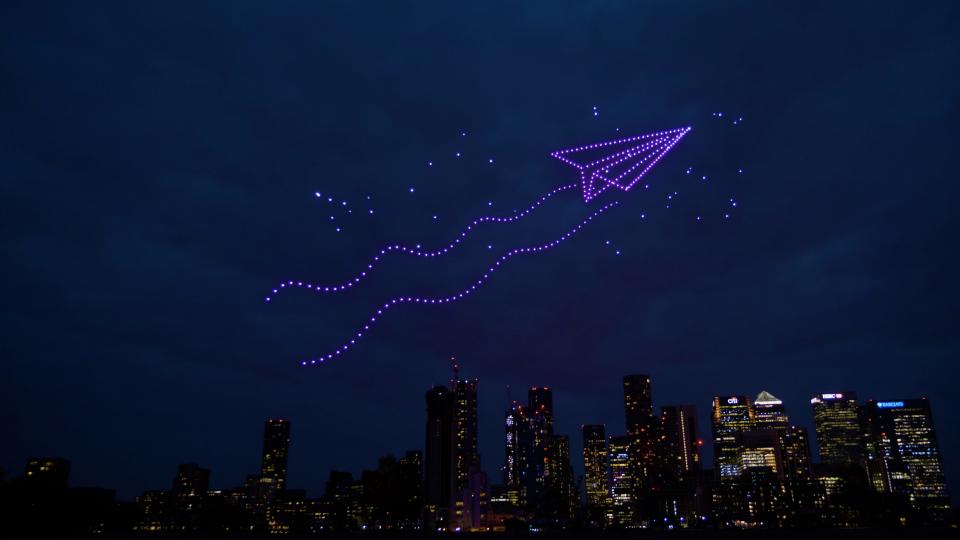 Drones forming a flying paper plane, part of the insurance company Beazley's marketing imagery.