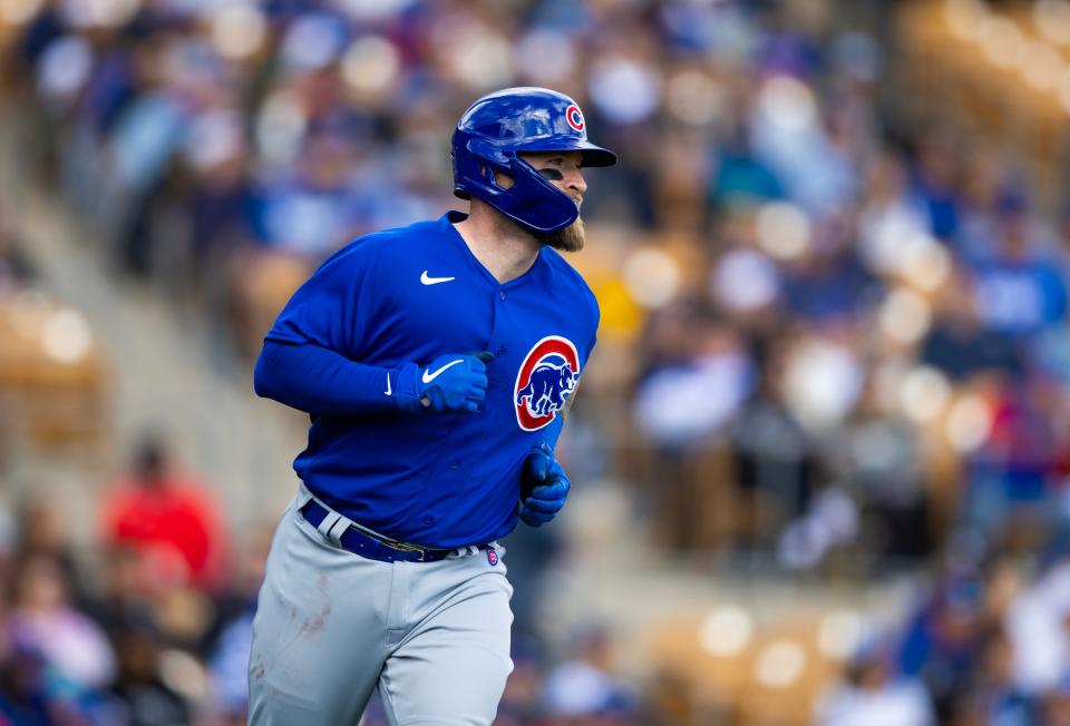 Feb 26, 2023; Phoenix, Arizona, USA; Chicago Cubs catcher Tucker Barnhart against the Los Angeles Dodgers during a spring training game at Camelback Ranch-Glendale. Mandatory Credit: Mark J. Rebilas-USA TODAY Sports